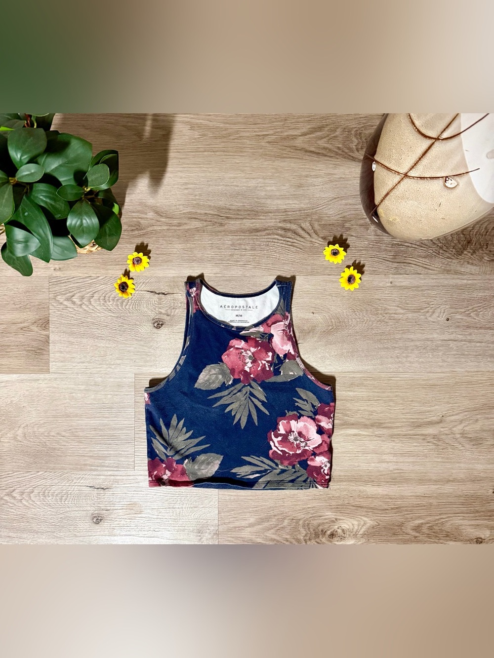 Aeropostale Navy Floral Cropped Tank - Medium
